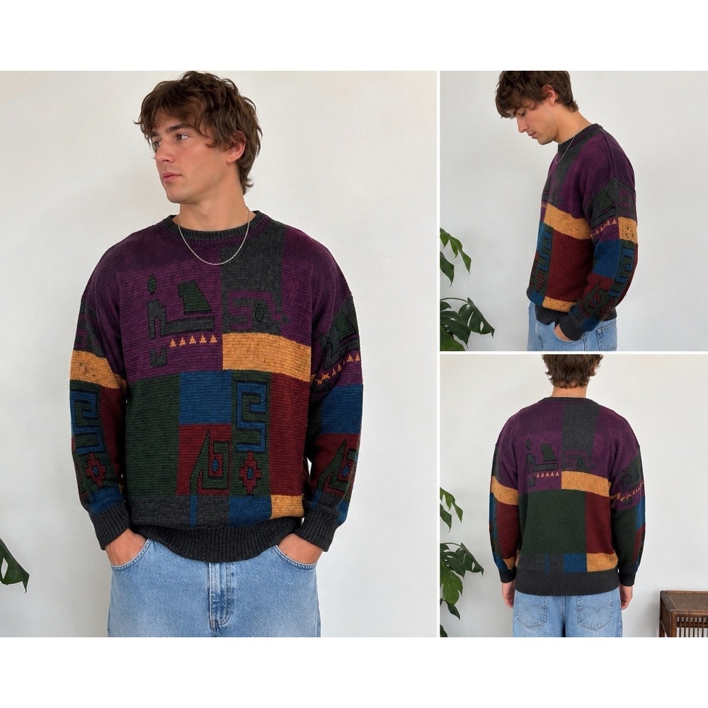 Vintage London Fog Geometric Colorblock Sweater Men's 2XL Made USA Abstract 90s